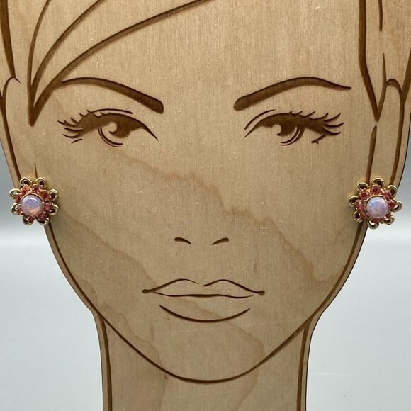 Coro Faux Opal and Pink Crystal Flower Earrings, Vintage Screw Back - Picture 2 of 6